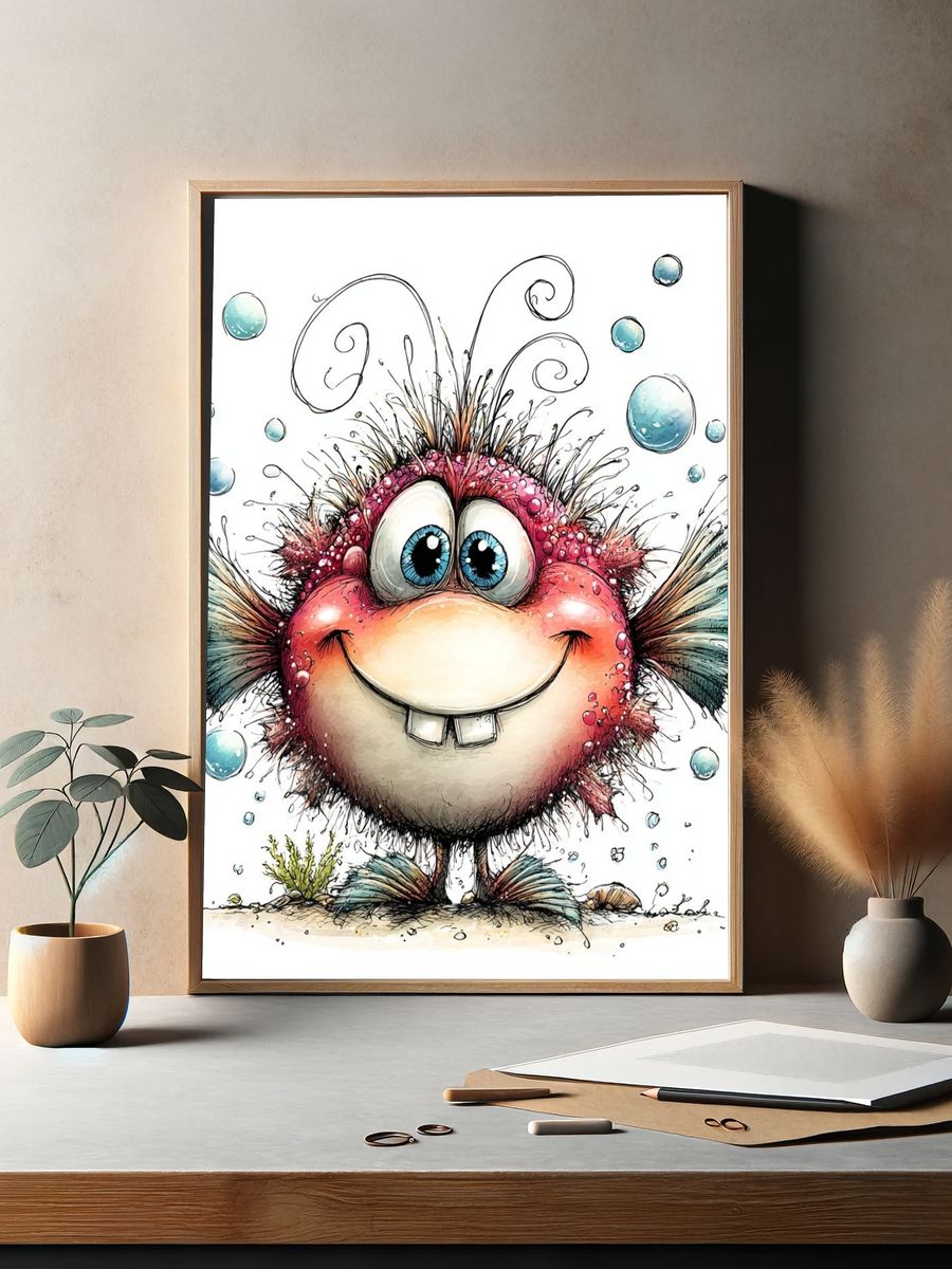 Whimsical Pufferfish Cartoon Print. — room view 2