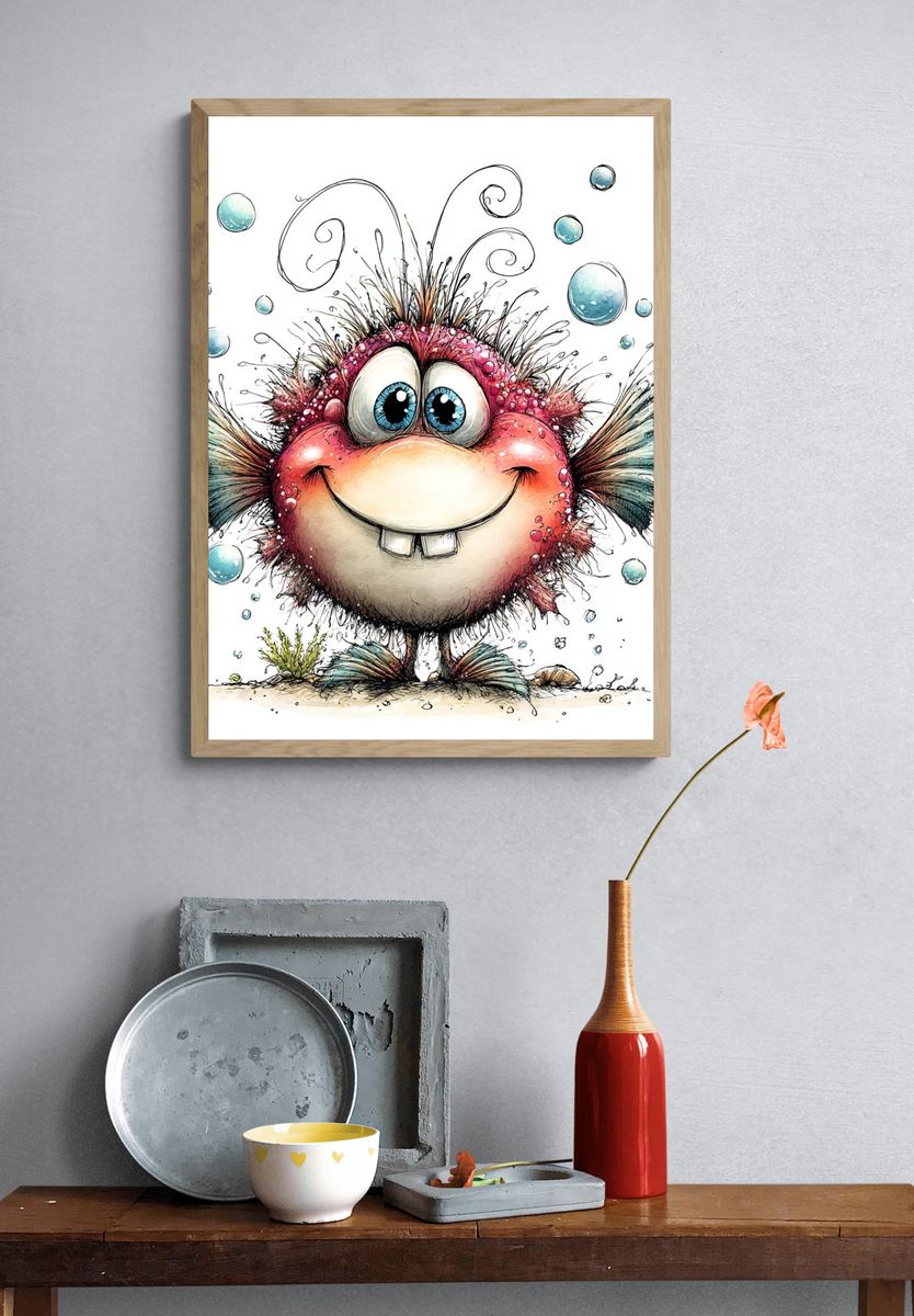 Whimsical Pufferfish Cartoon Print. — room view 3