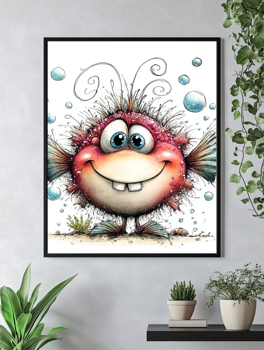 Whimsical Pufferfish Cartoon Print. — room view 4