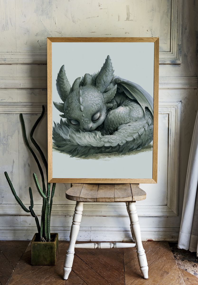 Sleeping Dragon Hatchling Illustration Poster. room preview