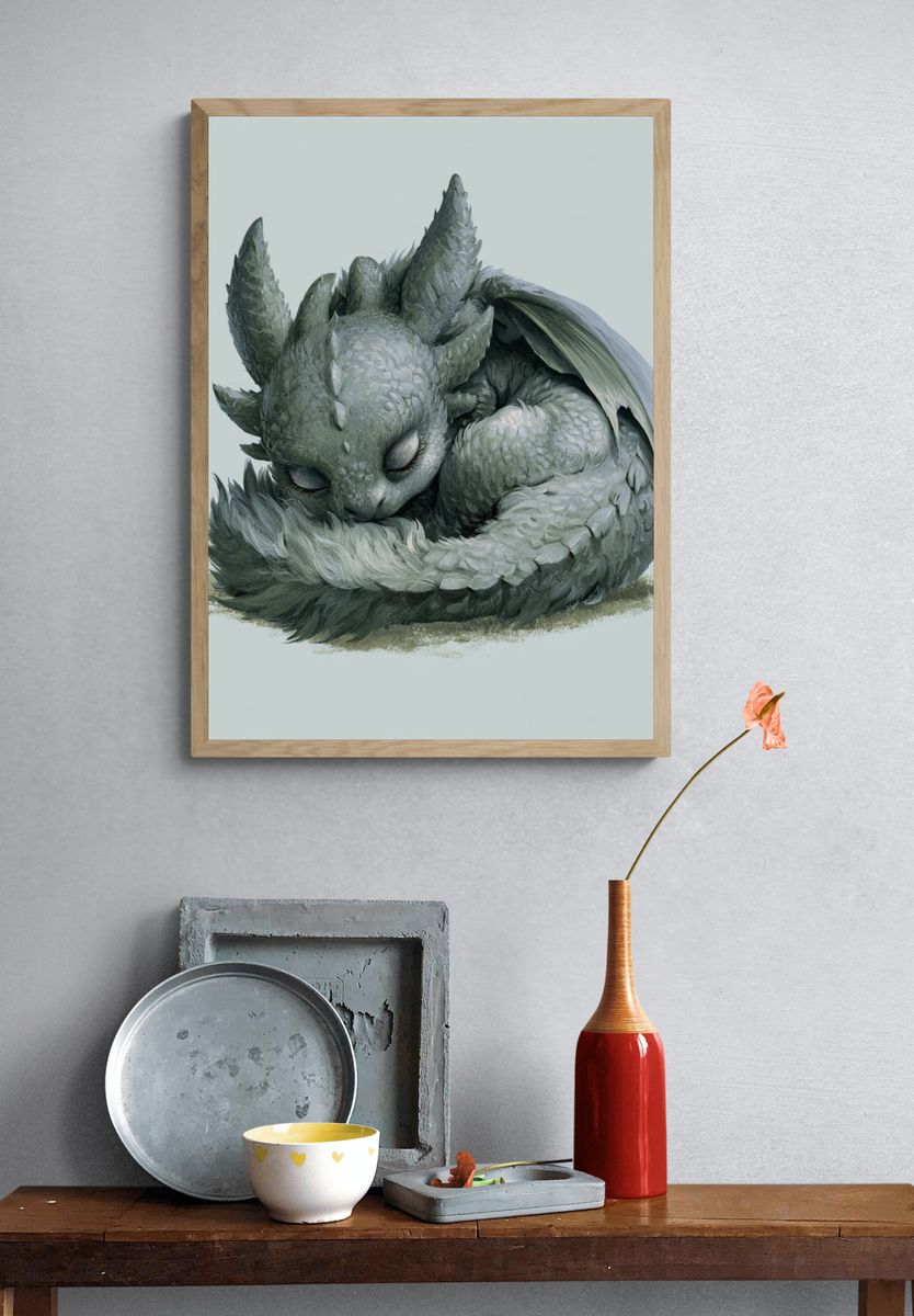 Sleeping Dragon Hatchling Illustration Poster. — room view 3