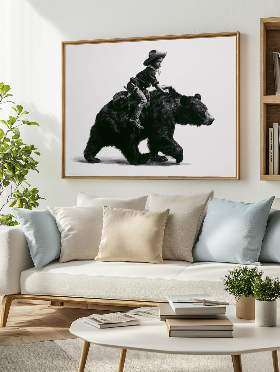 Cowboy Boy on Bear Illustration Print. — room view 2