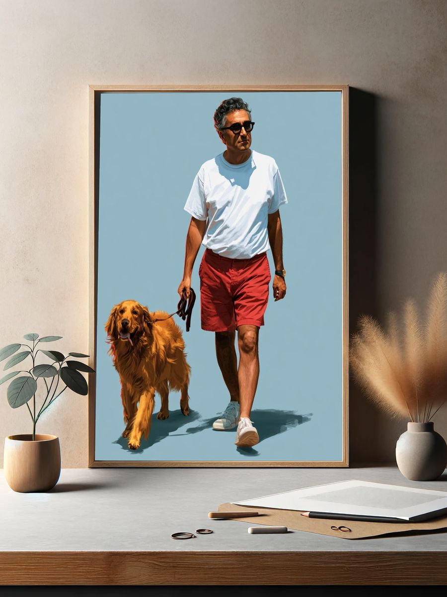Man and Golden Retriever Illustration Poster. — room view 2