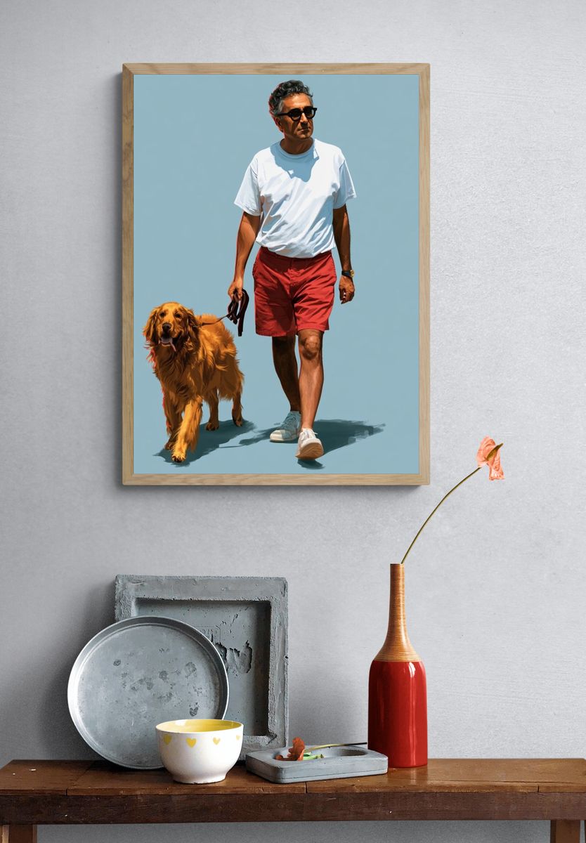 Man and Golden Retriever Illustration Poster. — room view 3