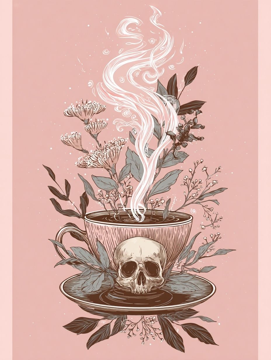 Skull Teacup Botanical Illustration Poster. poster detail