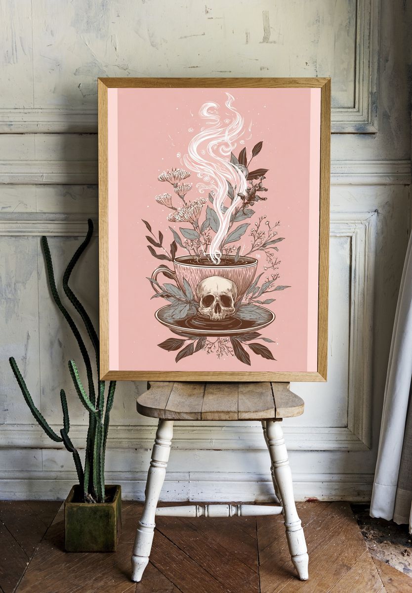 Skull Teacup Botanical Illustration Poster. — room view 1