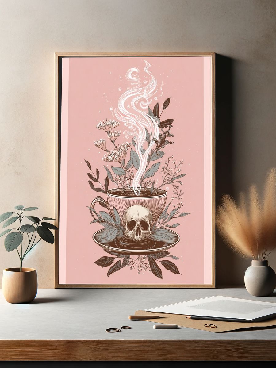 Skull Teacup Botanical Illustration Poster. — room view 2