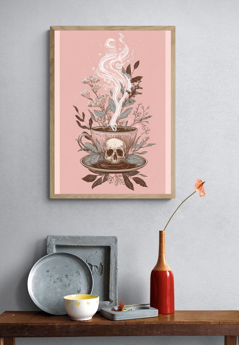 Skull Teacup Botanical Illustration Poster. — room view 3