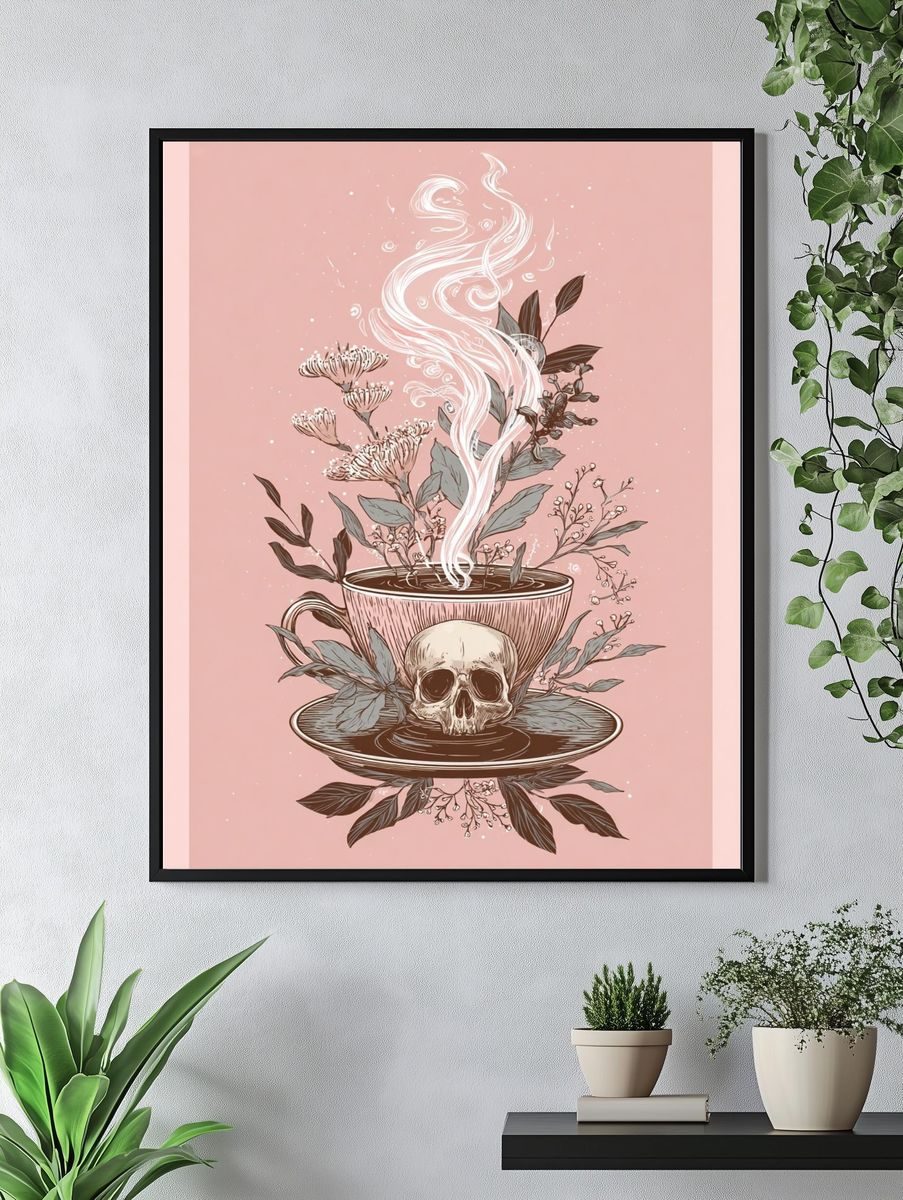 Skull Teacup Botanical Illustration Poster. — room view 4