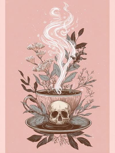 Skull Teacup Botanical Illustration Poster.