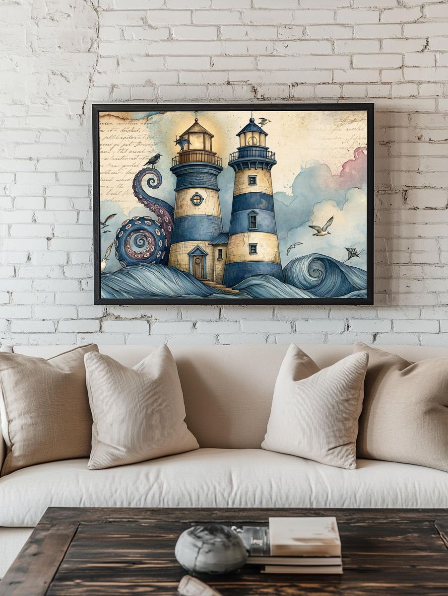 Octopus Lighthouse Fantasy Illustration Poster. — room view 1