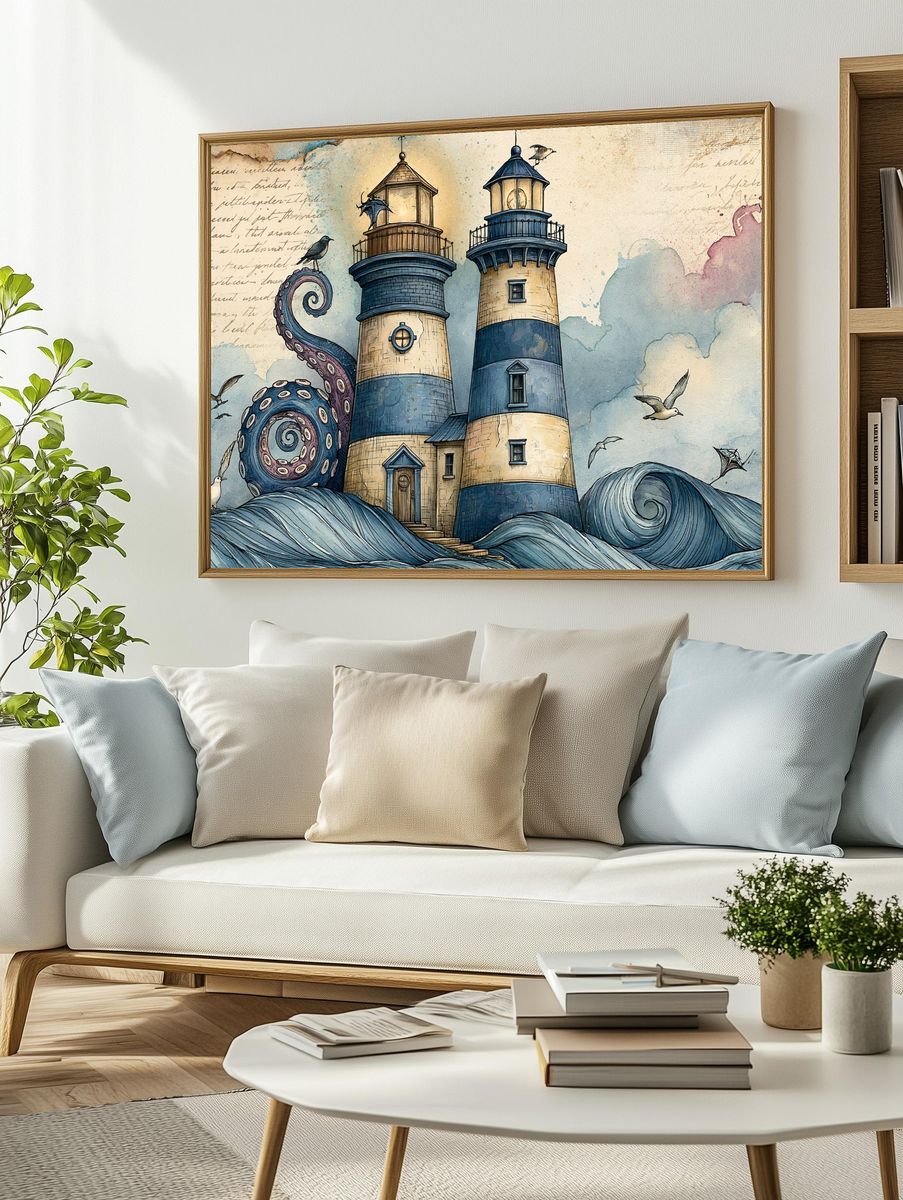 Octopus Lighthouse Fantasy Illustration Poster. — room view 2