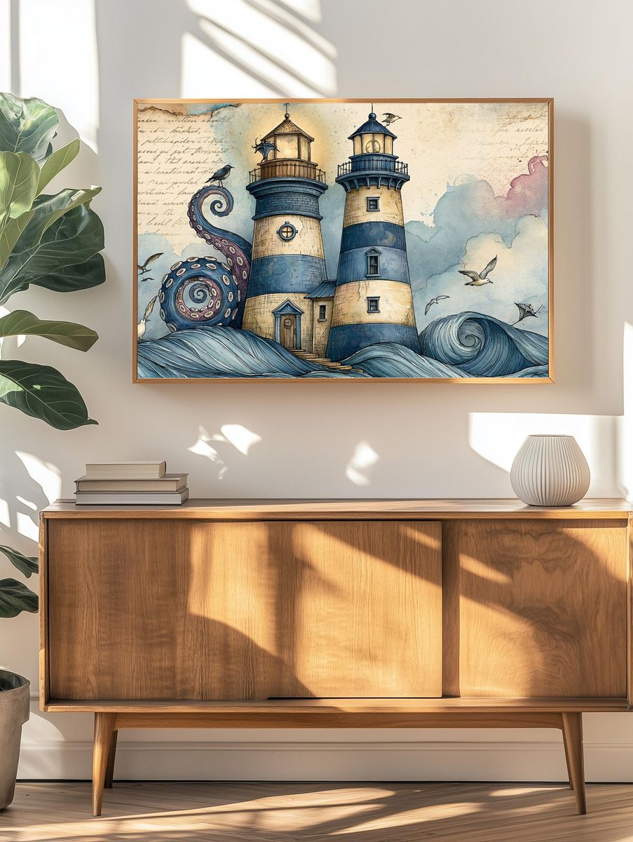 Octopus Lighthouse Fantasy Illustration Poster. — room view 3