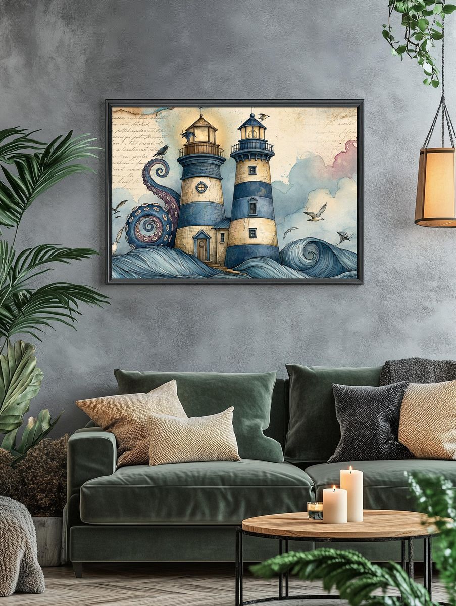 Octopus Lighthouse Fantasy Illustration Poster. — room view 4