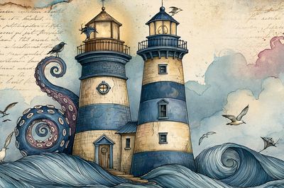 Octopus Lighthouse Fantasy Illustration Poster. poster