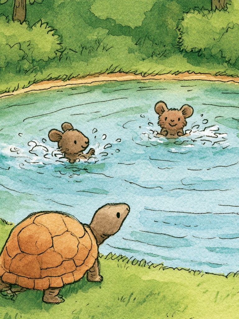Turtle and Mice Pond Illustration Poster. poster — illustration art