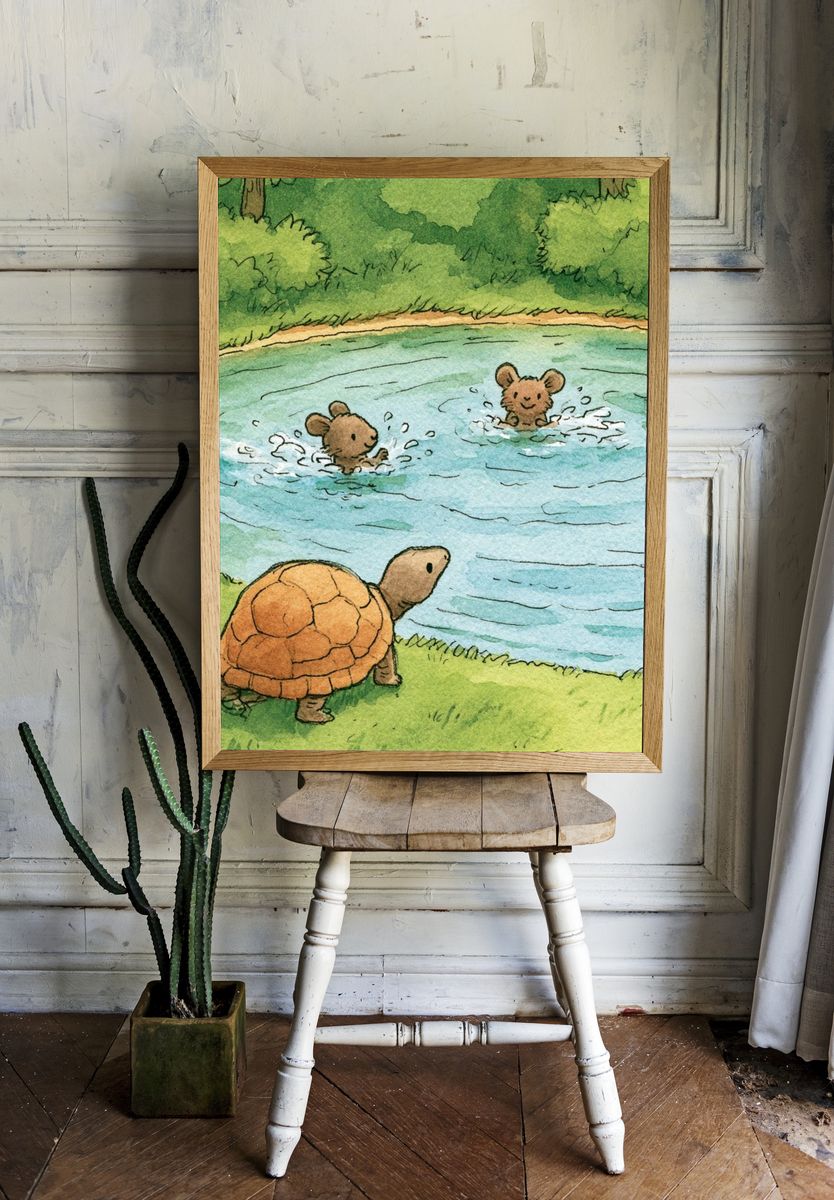 Turtle and Mice Pond Illustration Poster. room preview