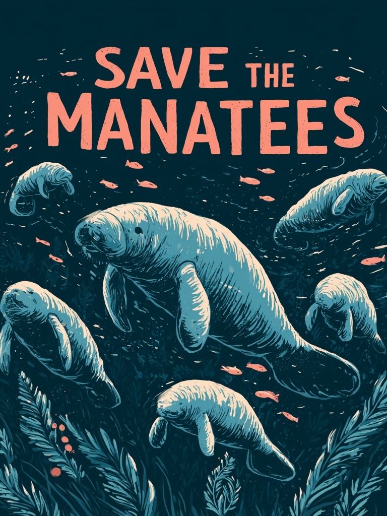 Save the Manatees Illustration Poster. poster detail