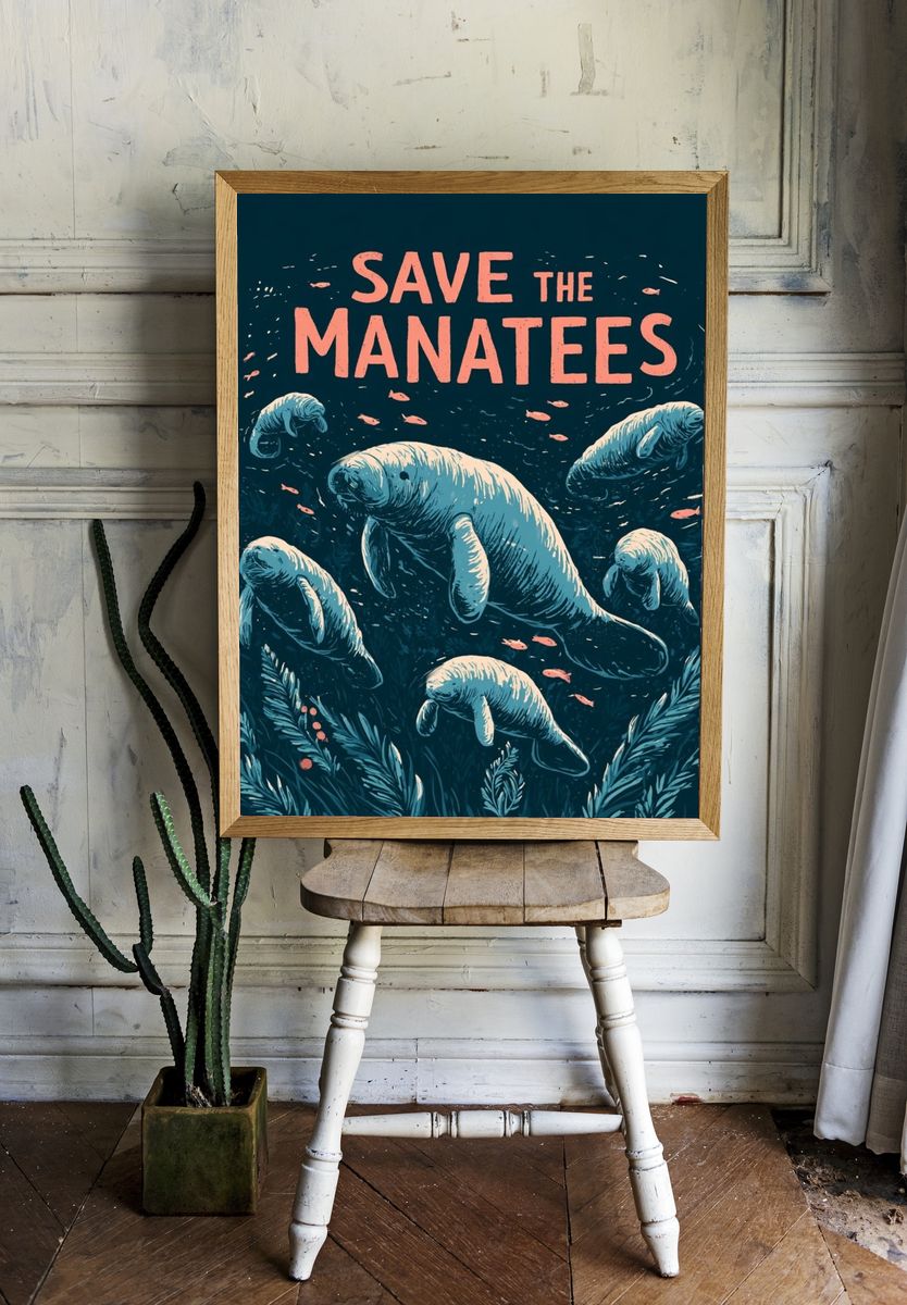 Save the Manatees Illustration Poster. room preview
