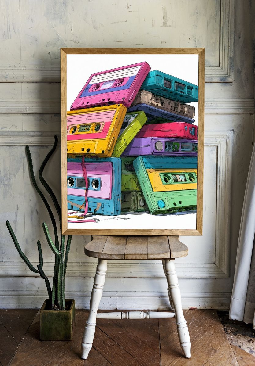 Colorful Cassette Stack Illustration Poster. room preview