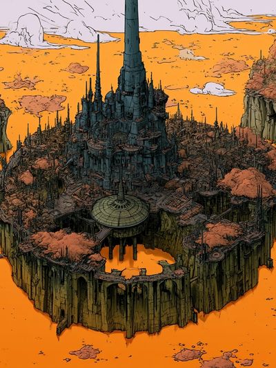 Floating Citadel Sci-Fi Illustration Poster.