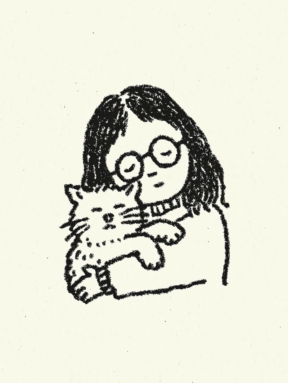 Girl with Cat Ink Print. poster — illustration art
