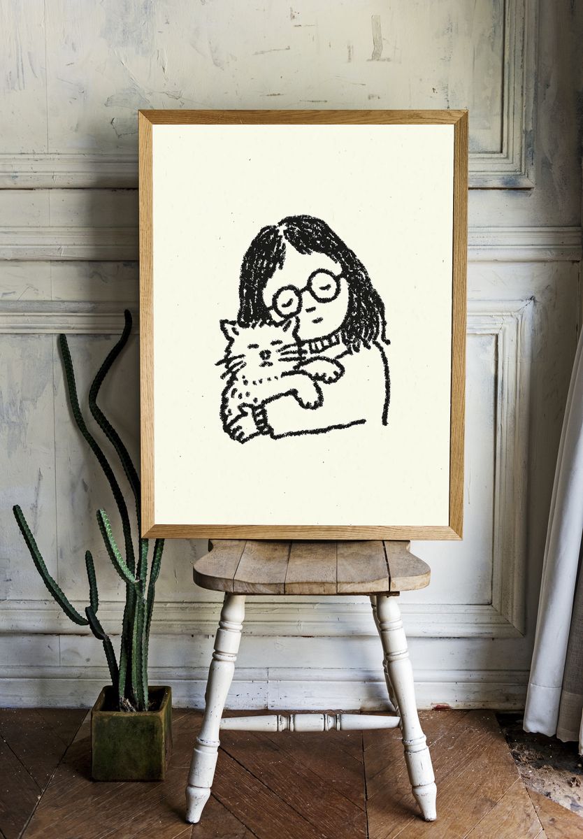 Girl with Cat Ink Print. — room view 1