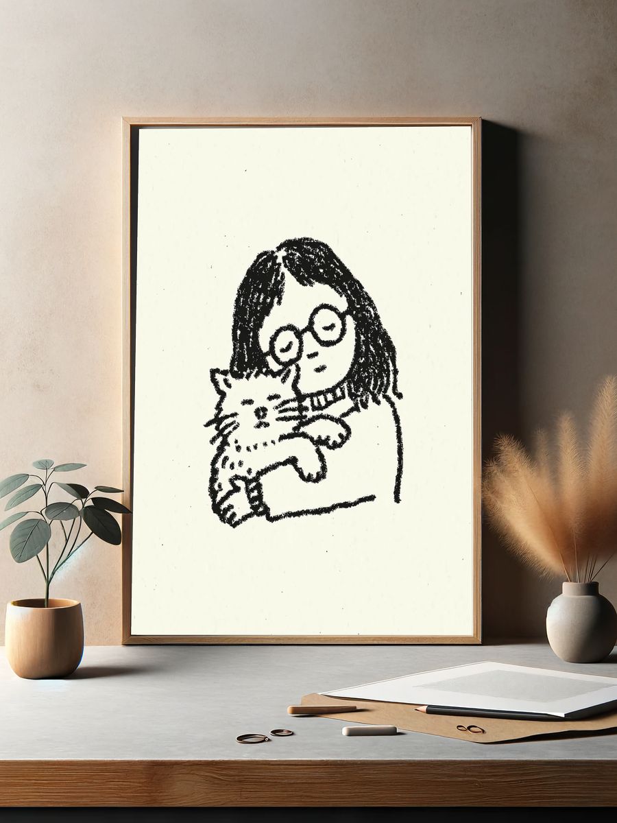 Girl with Cat Ink Print. — room view 2