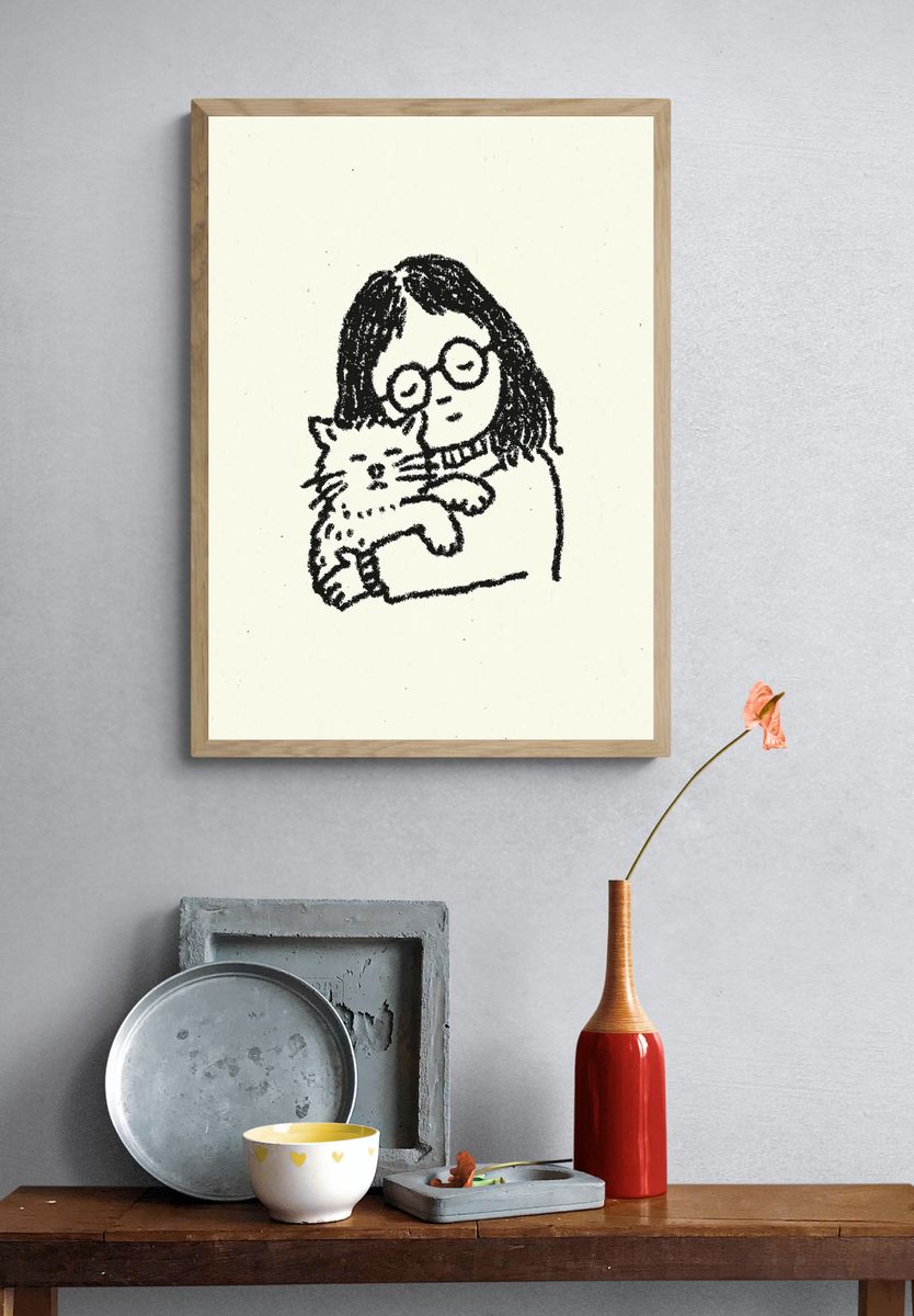 Girl with Cat Ink Print. — room view 3