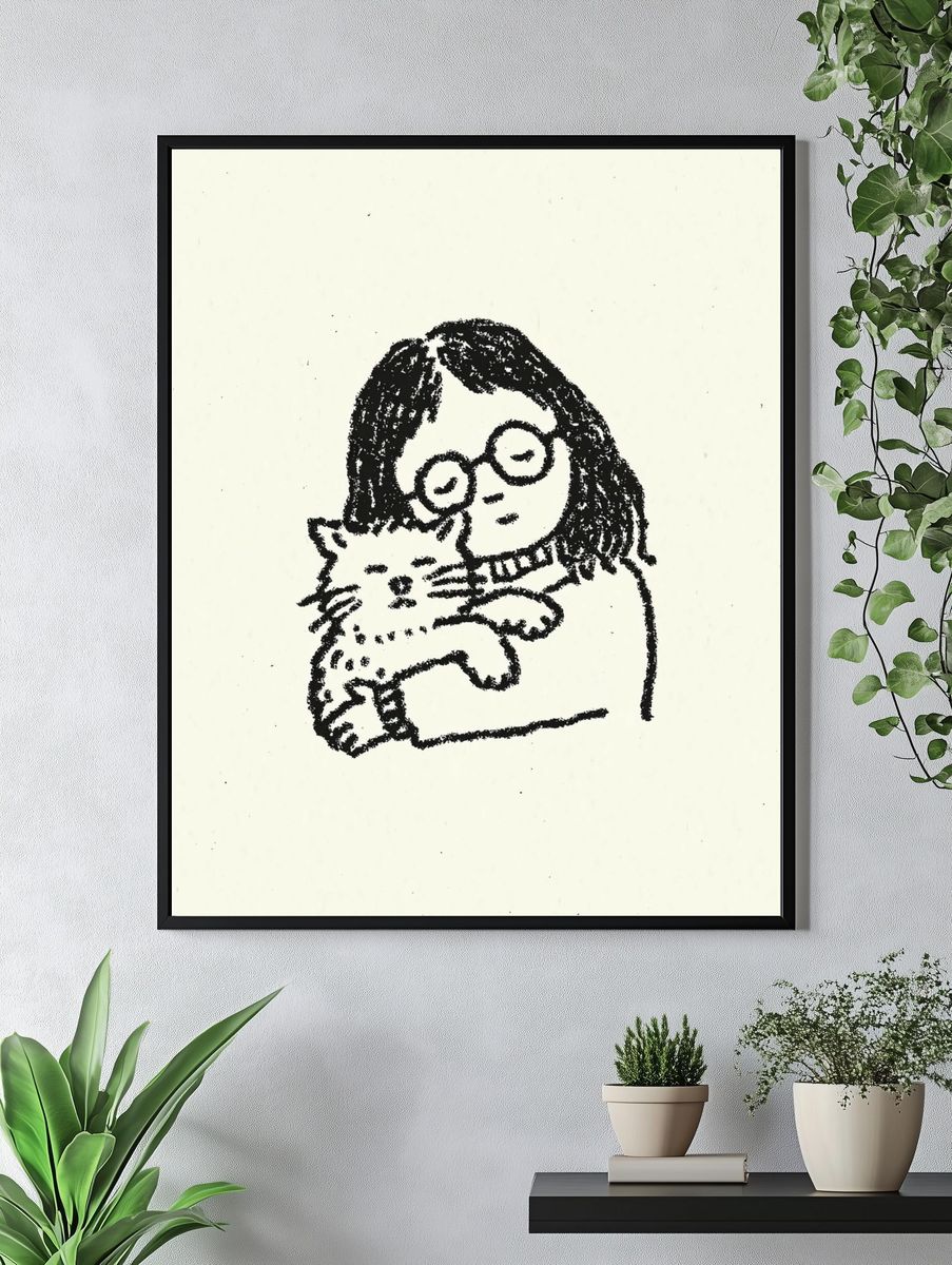 Girl with Cat Ink Print. — room view 4