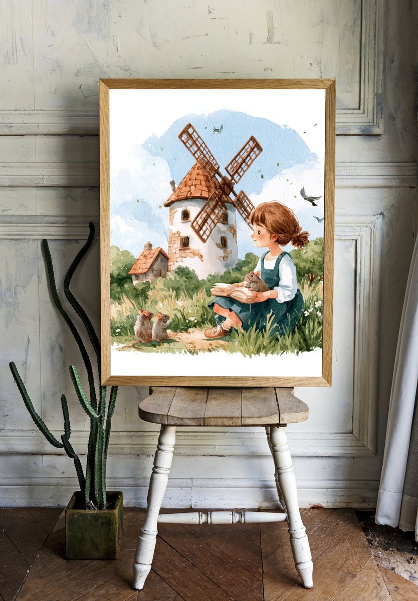 Girl and Windmill Watercolor Print. room preview
