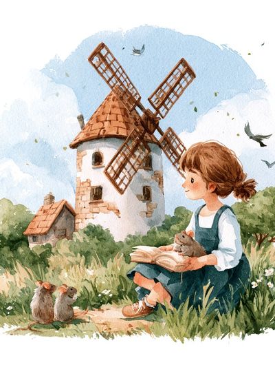 Girl and Windmill Watercolor Print.