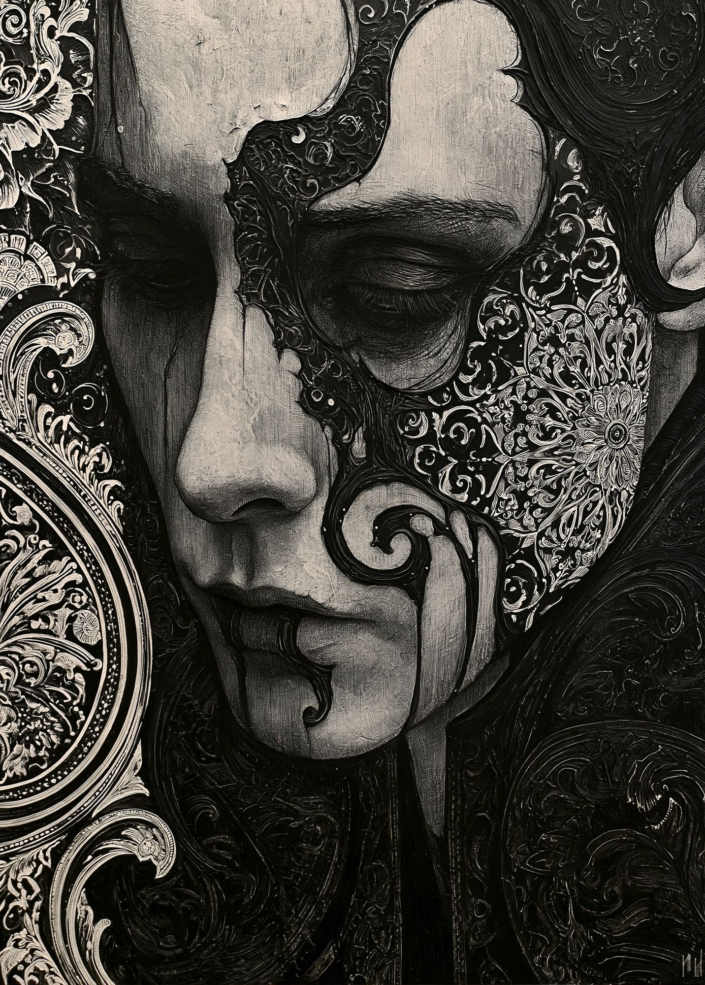 Ornate Monochrome Face Illustration Poster. poster detail