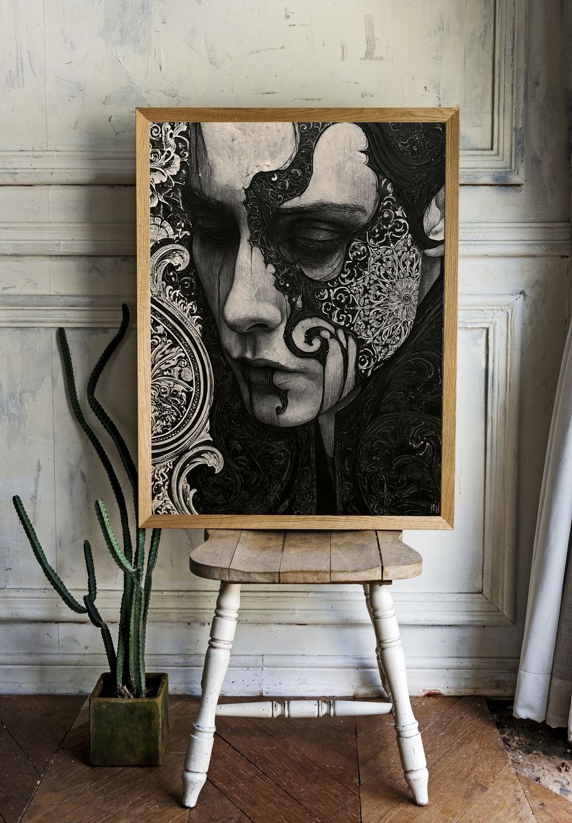 Ornate Monochrome Face Illustration Poster. room preview