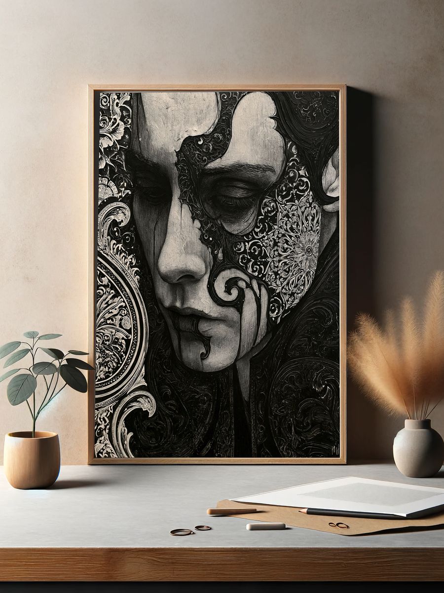 Ornate Monochrome Face Illustration Poster. — room view 2
