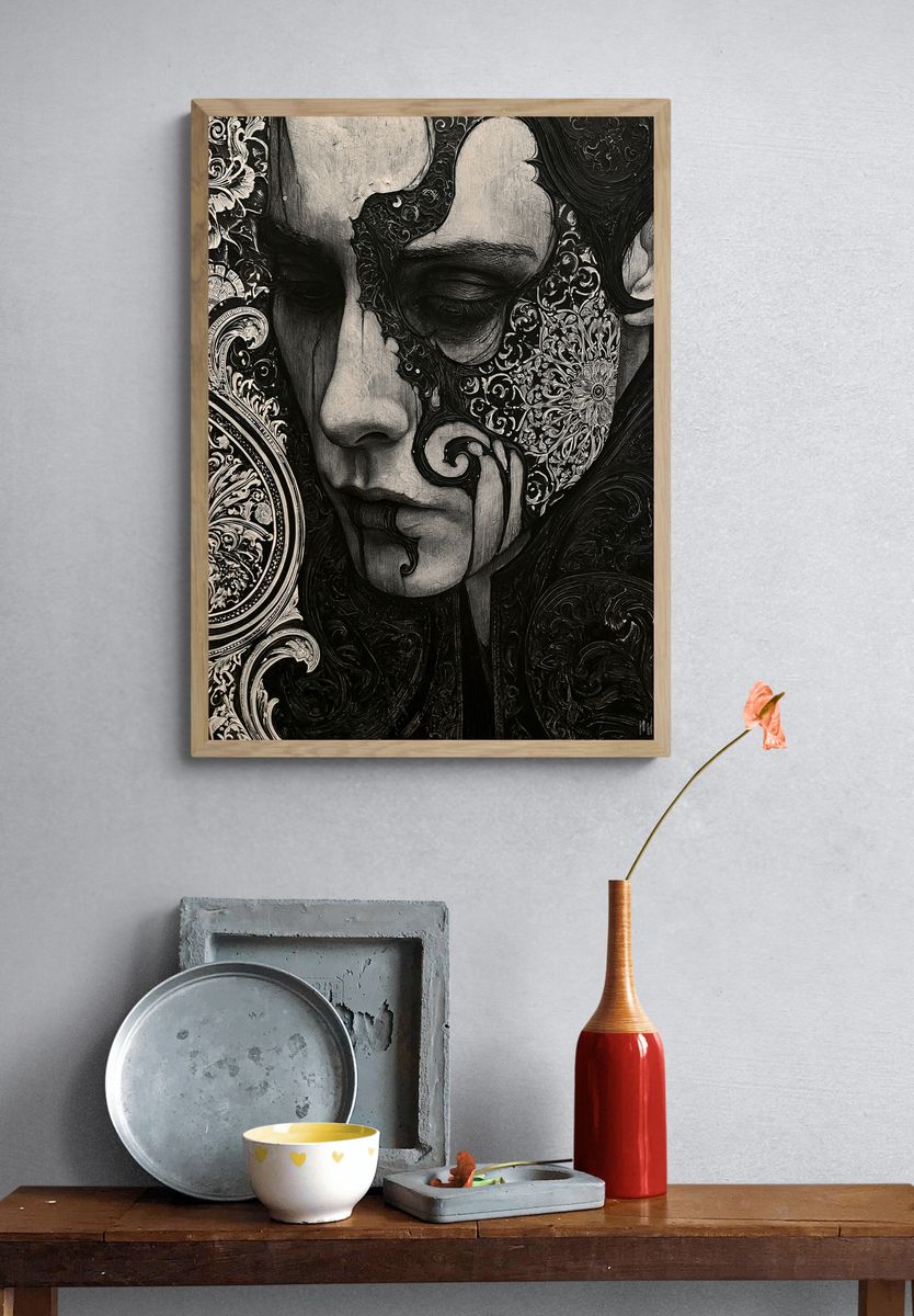 Ornate Monochrome Face Illustration Poster. — room view 3