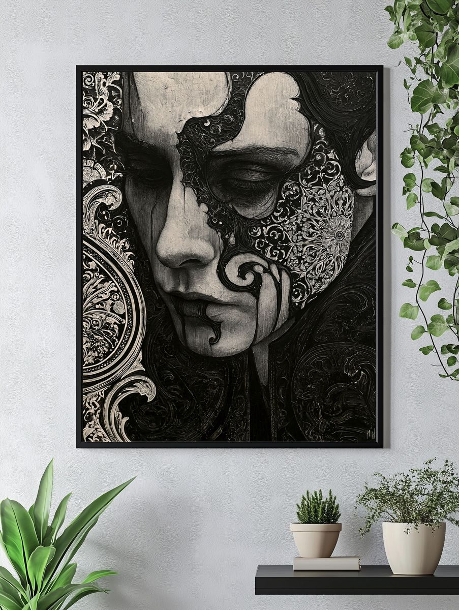 Ornate Monochrome Face Illustration Poster. — room view 4