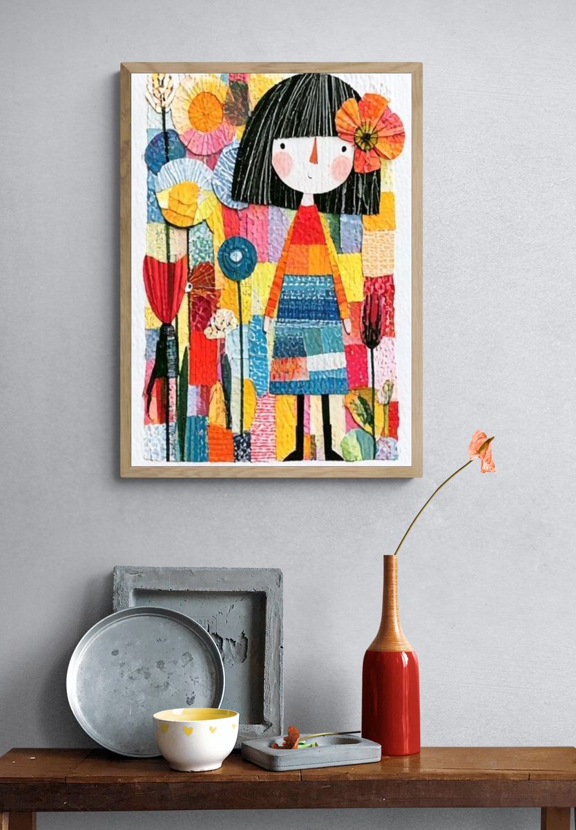 Girl in Flower Garden Illustration Poster. — room view 3