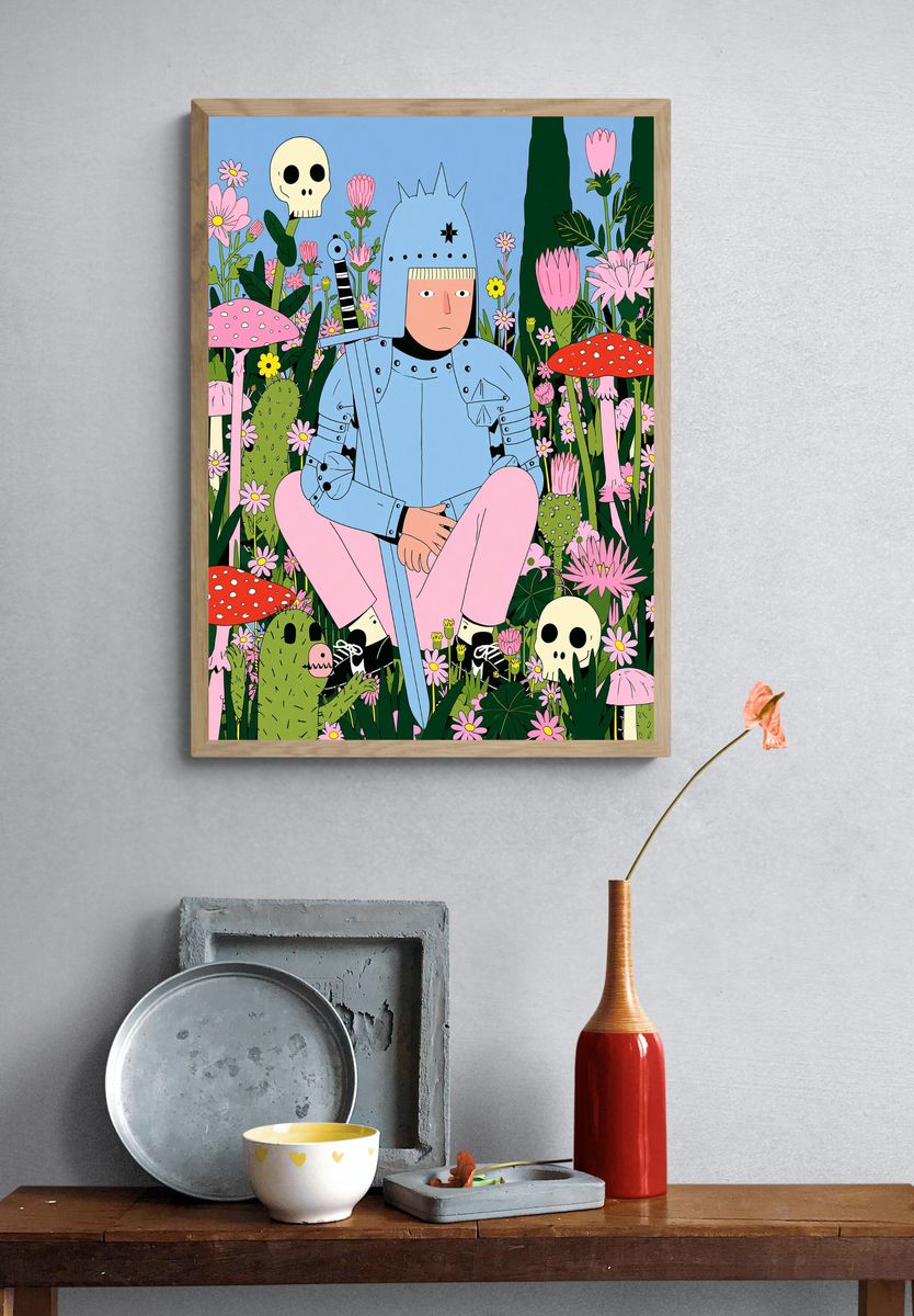 Knight in Flower Field Illustration Poster. — room view 3