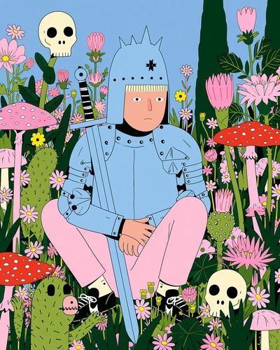 Knight in Flower Field Illustration Poster.