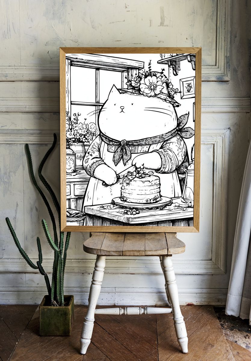 Cat Baker Kitchen Illustration Print. room preview