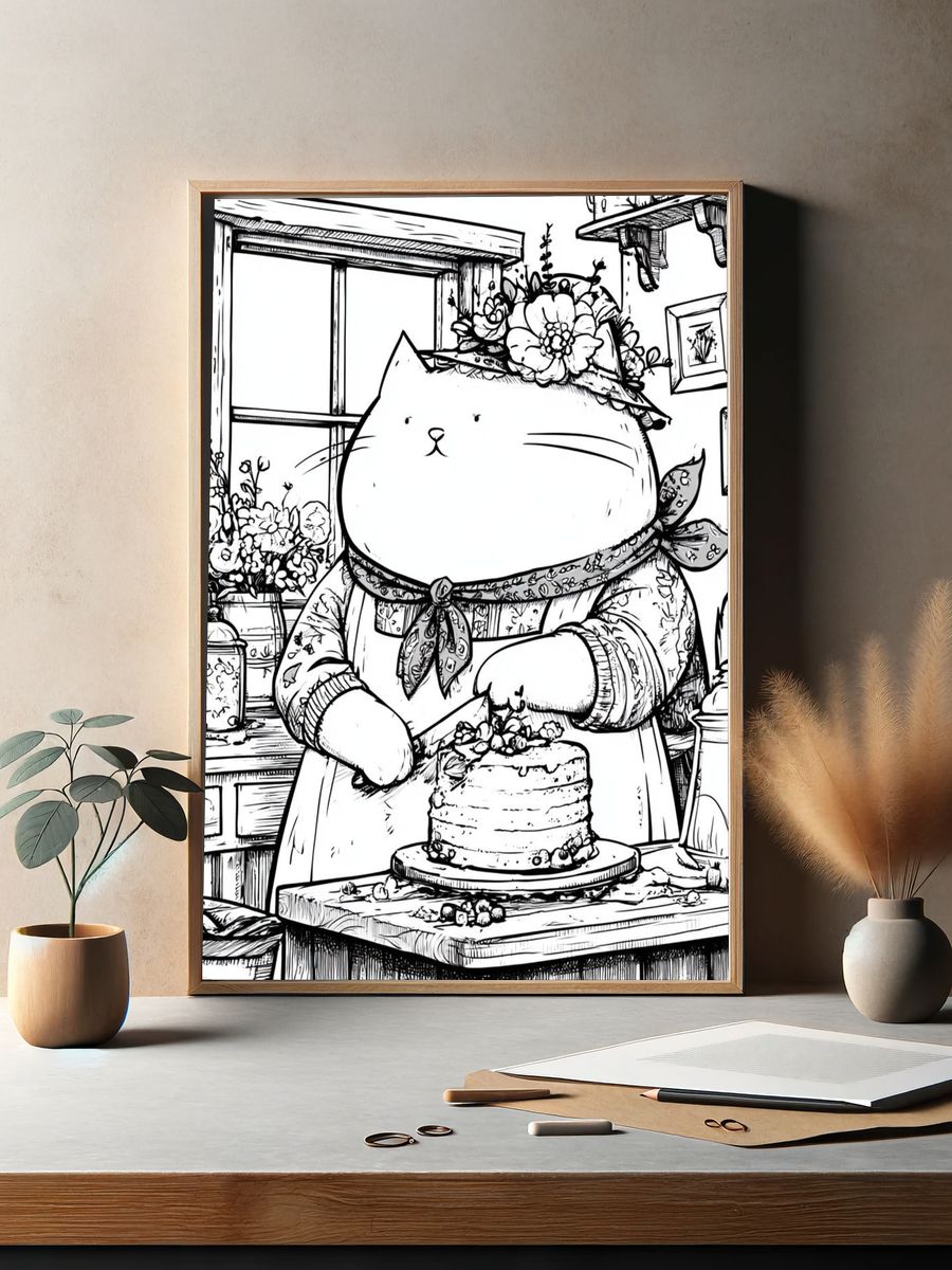 Cat Baker Kitchen Illustration Print. — room view 2