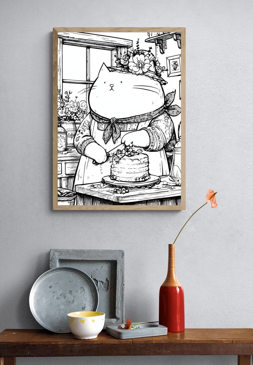 Cat Baker Kitchen Illustration Print. — room view 3
