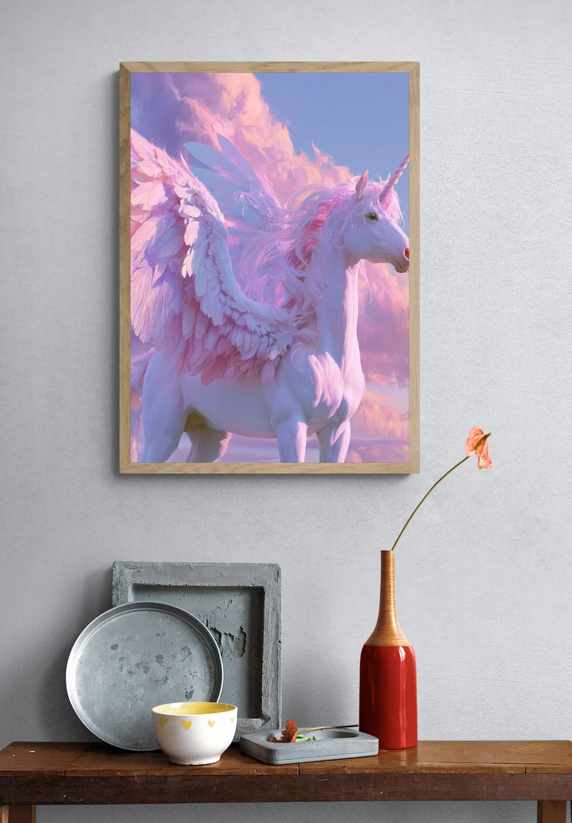 Pastel Winged Unicorn Illustration Poster. — room view 3