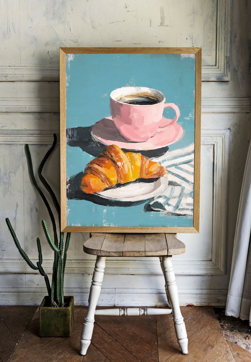 Pink Coffee and Croissant Still Life Poster. — room view 1