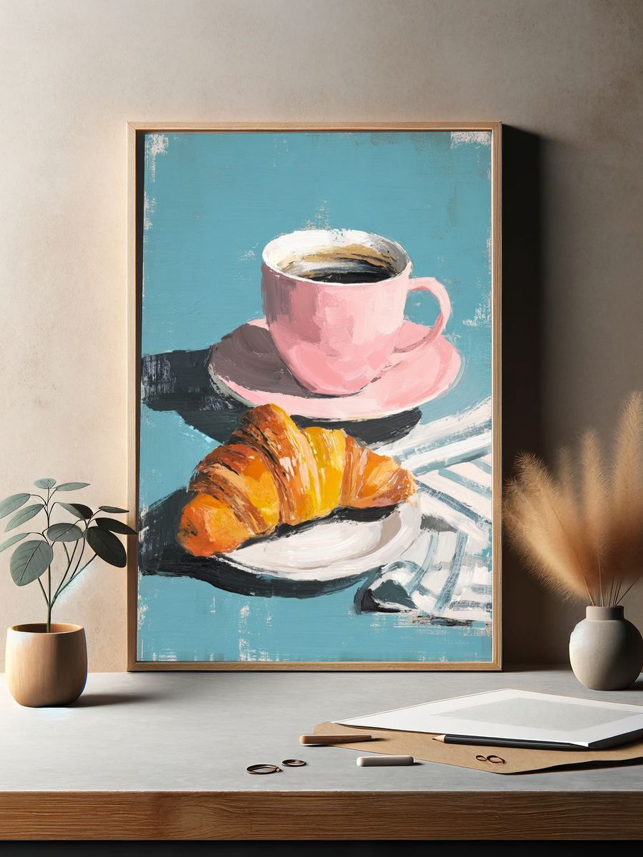Pink Coffee and Croissant Still Life Poster. — room view 2