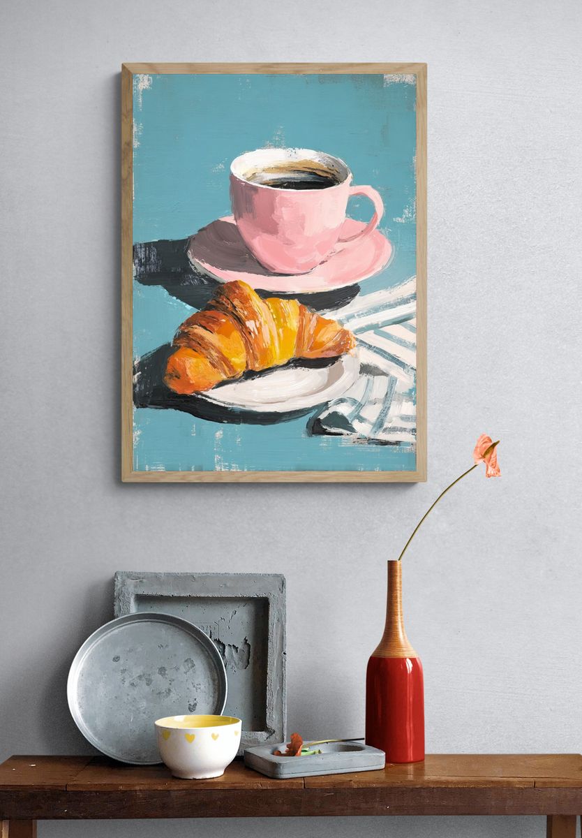 Pink Coffee and Croissant Still Life Poster. — room view 3