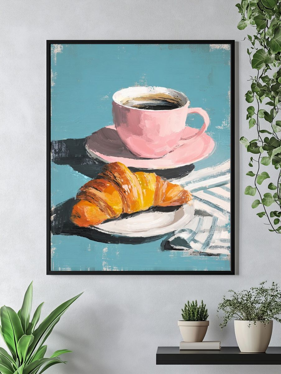 Pink Coffee and Croissant Still Life Poster. — room view 4