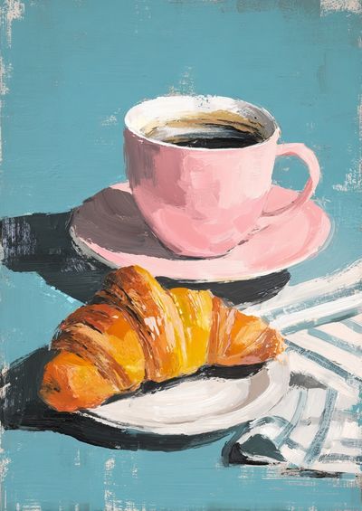 Pink Coffee and Croissant Still Life Poster. poster