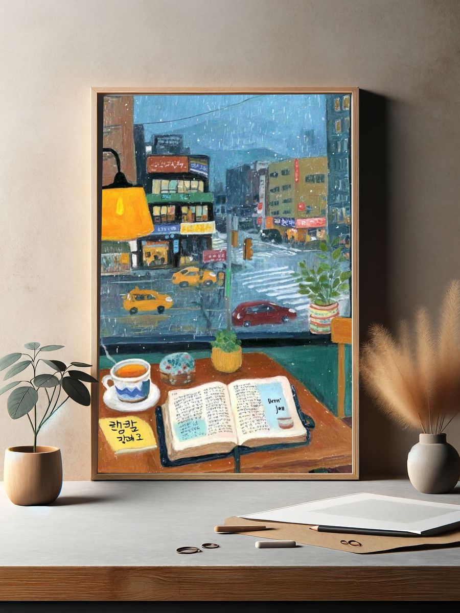 Rainy Cafe Window Illustration Poster. — room view 2